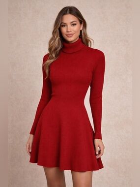 Zara Red Ribbed Turtleneck Long Sleeve Dress